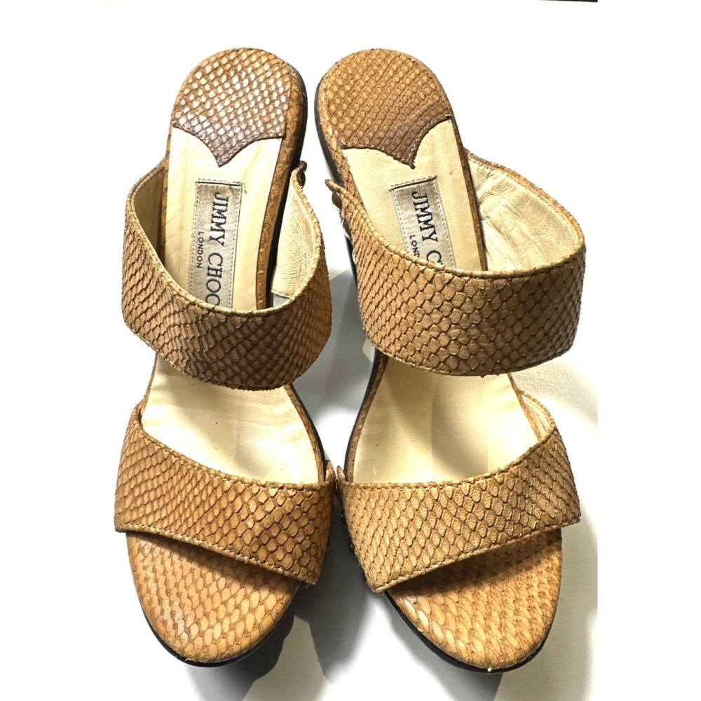 Jimmy Choo Tan Snakeskin-Textured Studded Leather Wedge Heels Size 38 Made Italy